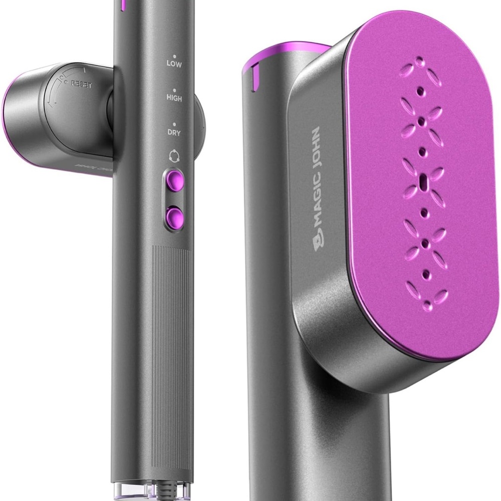 Magic John Handheld Fabric Steamer - Gray with Pink Accents